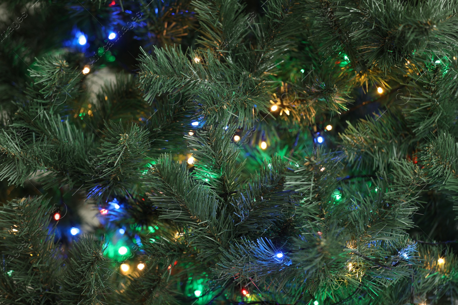 Photo of Christmas tree with bright string lights, closeup. Bokeh effect