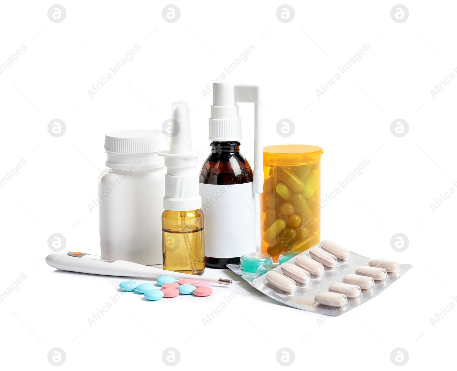 Photo of Pills and drugs for cold on white background