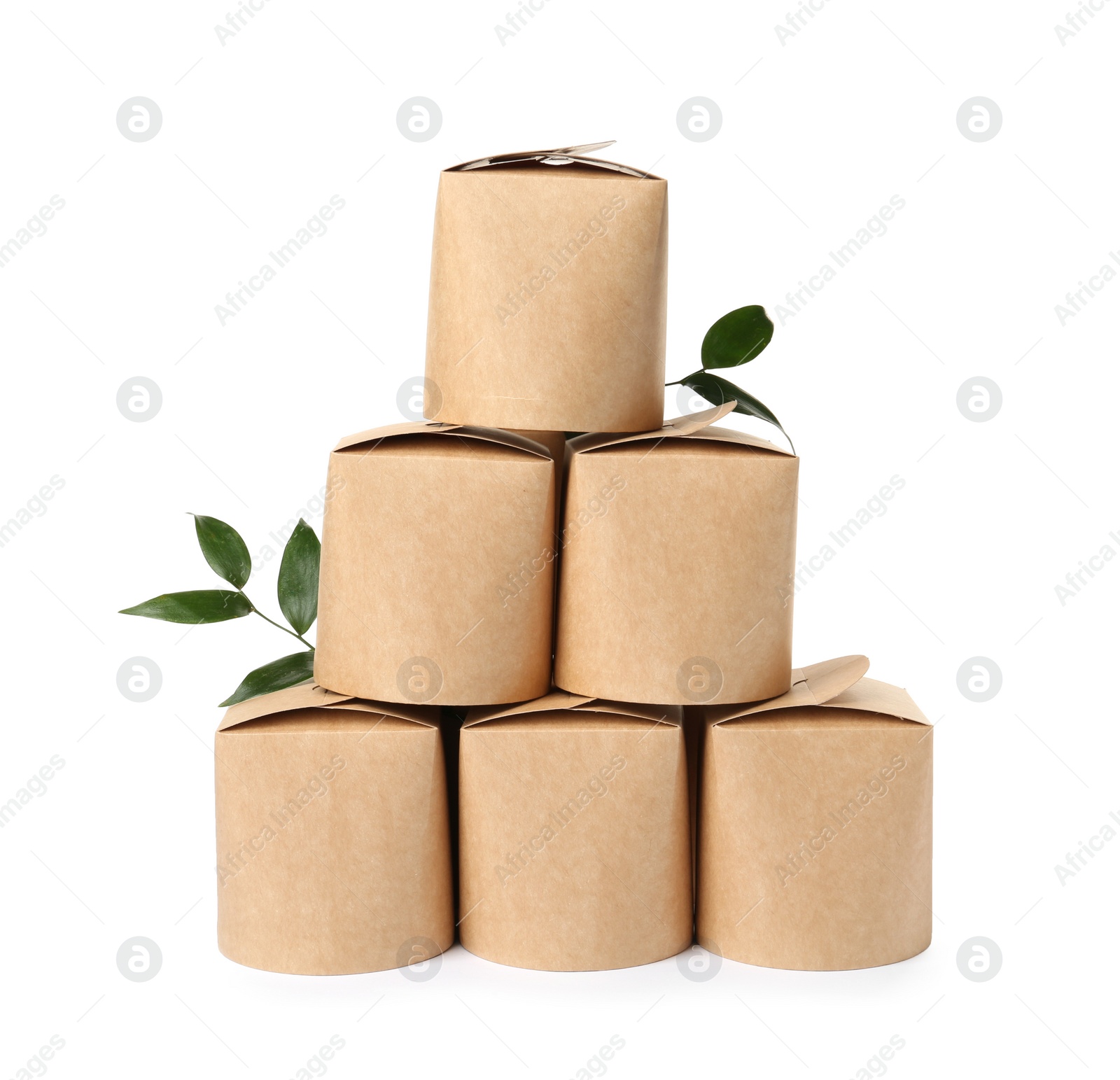 Photo of Eco friendly food containers and twigs on white background