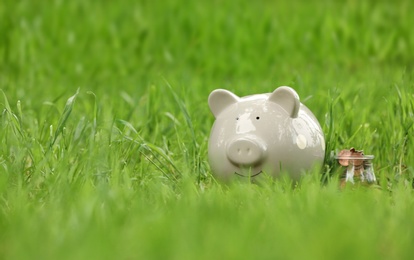 Cute piggy bank and jar with coins on green grass in park. Space for text