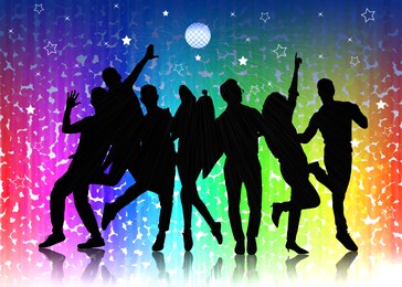 Illustration of Silhouettes of people dancing on colorful background. Illustration