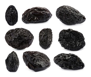 Image of Set with sweet dried prunes on white background 