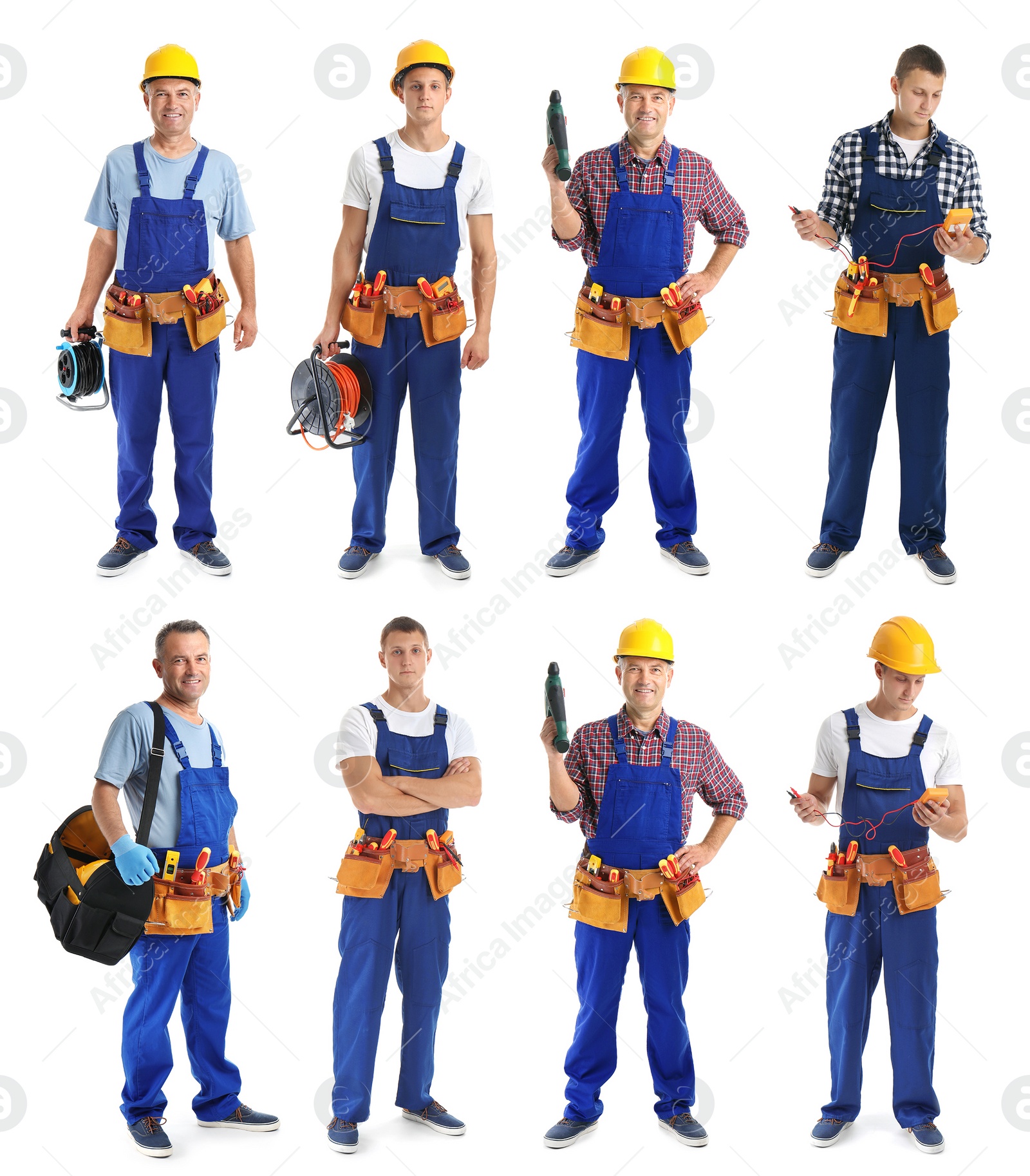 Image of Collage with photos of electricians on white background