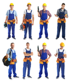 Collage with photos of electricians on white background