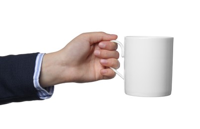 Photo of Woman holding mug on white background, closeup