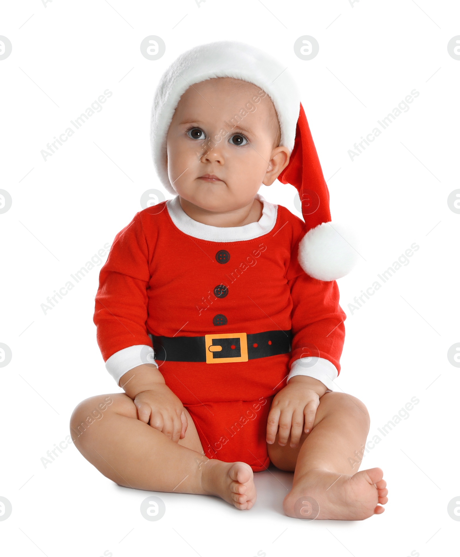 Photo of Cute little baby wearing festive Christmas costume on white background