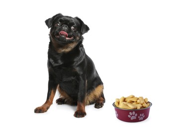 Image of Cute dog near feeding bowl full of tasty bone shaped cookies on white background