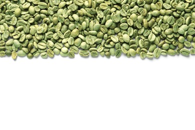 Photo of Many green coffee beans on white background, top view
