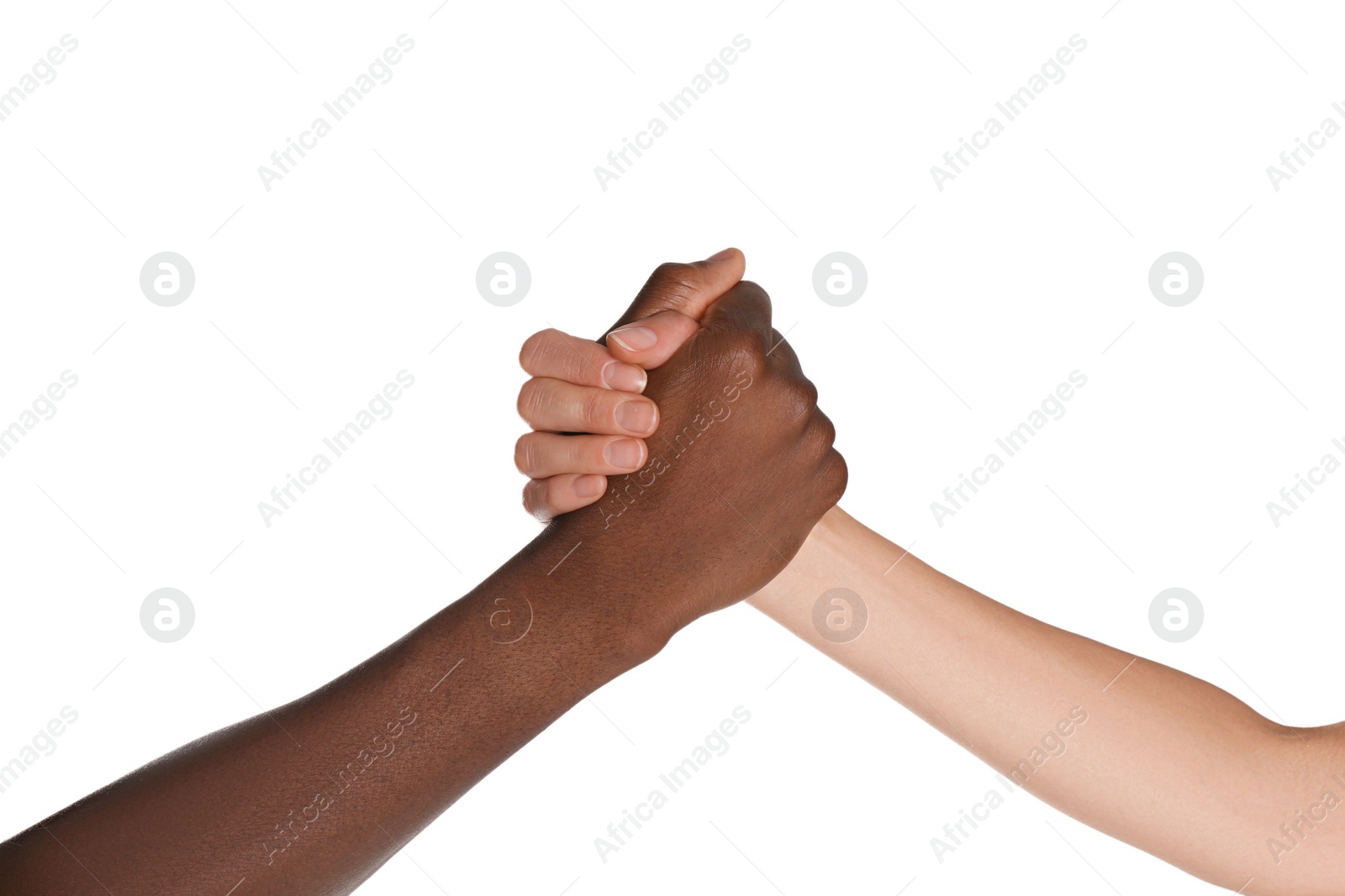 Photo of Woman and African American man clasping hands on white background, closeup