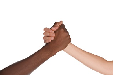 Woman and African American man clasping hands on white background, closeup