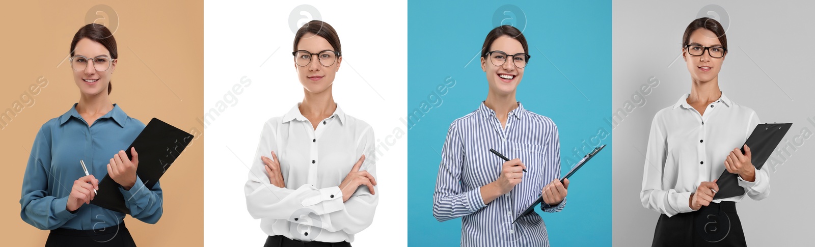 Image of Collage with photos of beautiful secretary on different color backgrounds