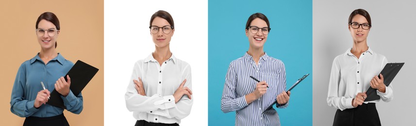 Collage with photos of beautiful secretary on different color backgrounds