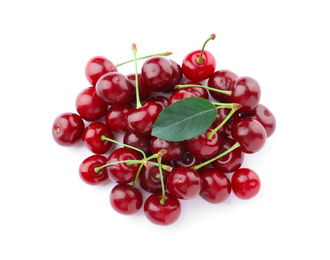 Bunch of juicy cherries on white background, top view