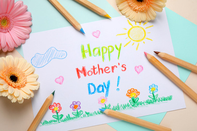 Flat lay composition with drawing for Mother's day on white wooden background