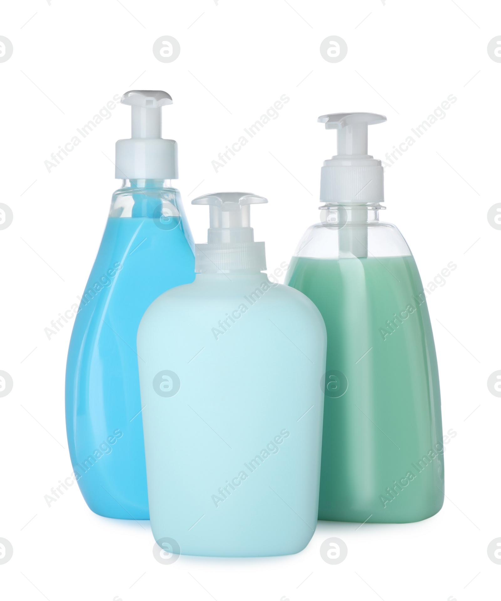 Photo of Dispensers of liquid soap on white background