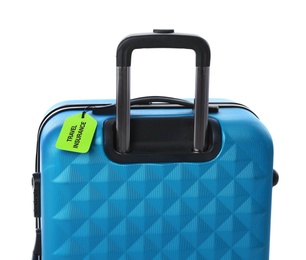 Blue suitcase with TRAVEL INSURANCE label on white background