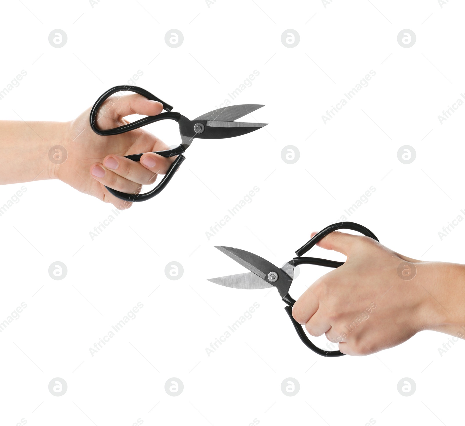 Image of Collage of man holding sewing scissors on white background, closeup