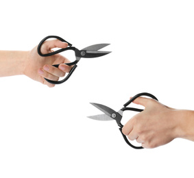 Image of Collage of man holding sewing scissors on white background, closeup