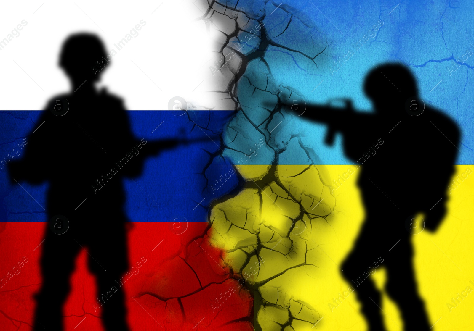 Image of Silhouettes of soldiers with cracks between Ukrainian and Russian flags on background. Military service during war