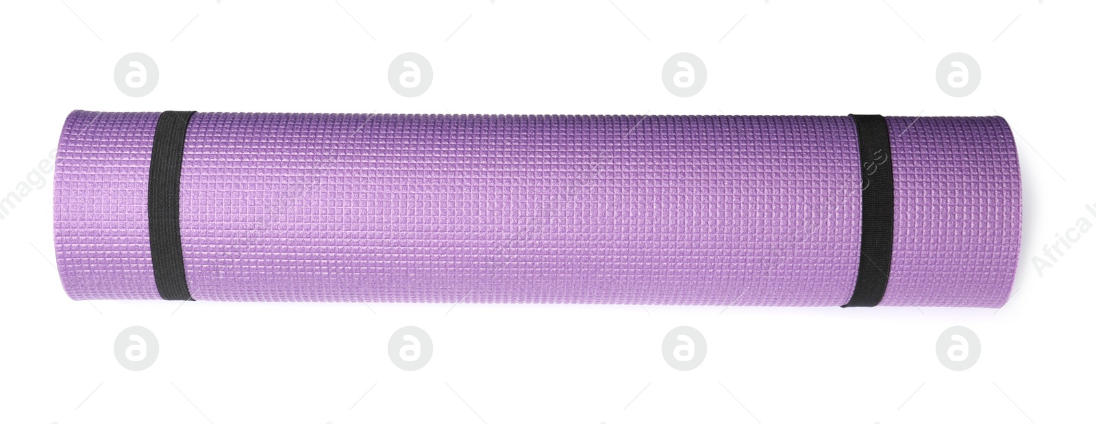 Photo of Violet rolled camping or exercise mat on white background, top view