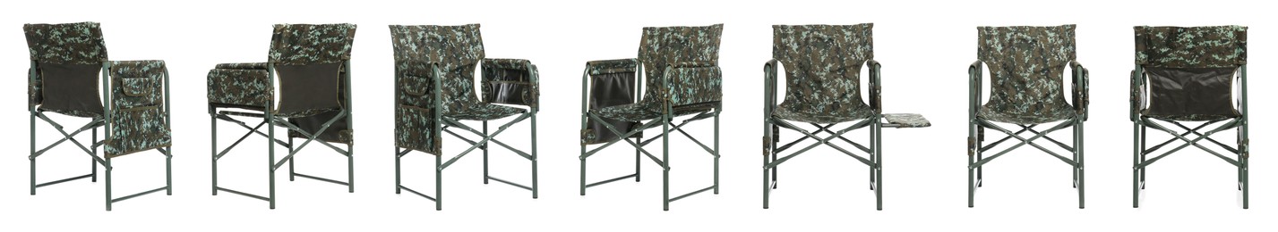 Image of Set with comfortable camouflage fishing chairs on white background. Banner design