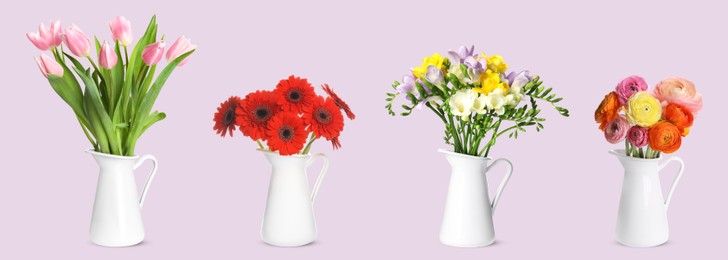 Image of Collage of stylish vase with different bouquets on pale pink background. Banner design