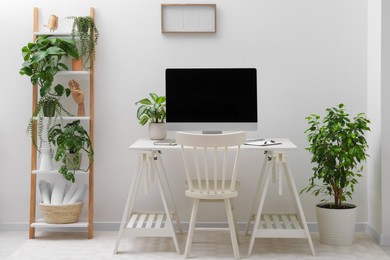 Spacious workspace with desk, chair, computer and potted plants at home