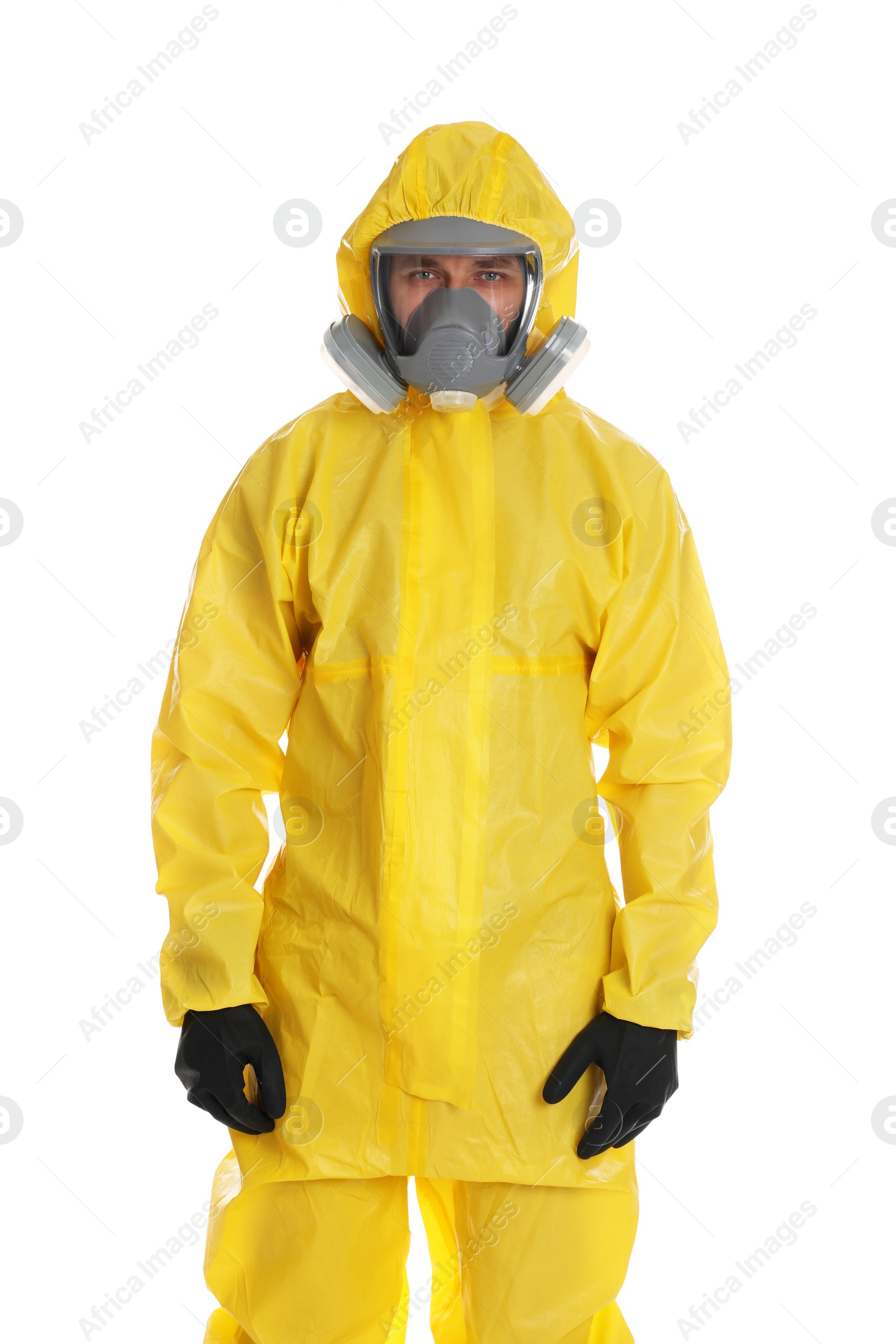 Photo of Man wearing chemical protective suit on white background. Prevention of virus spread