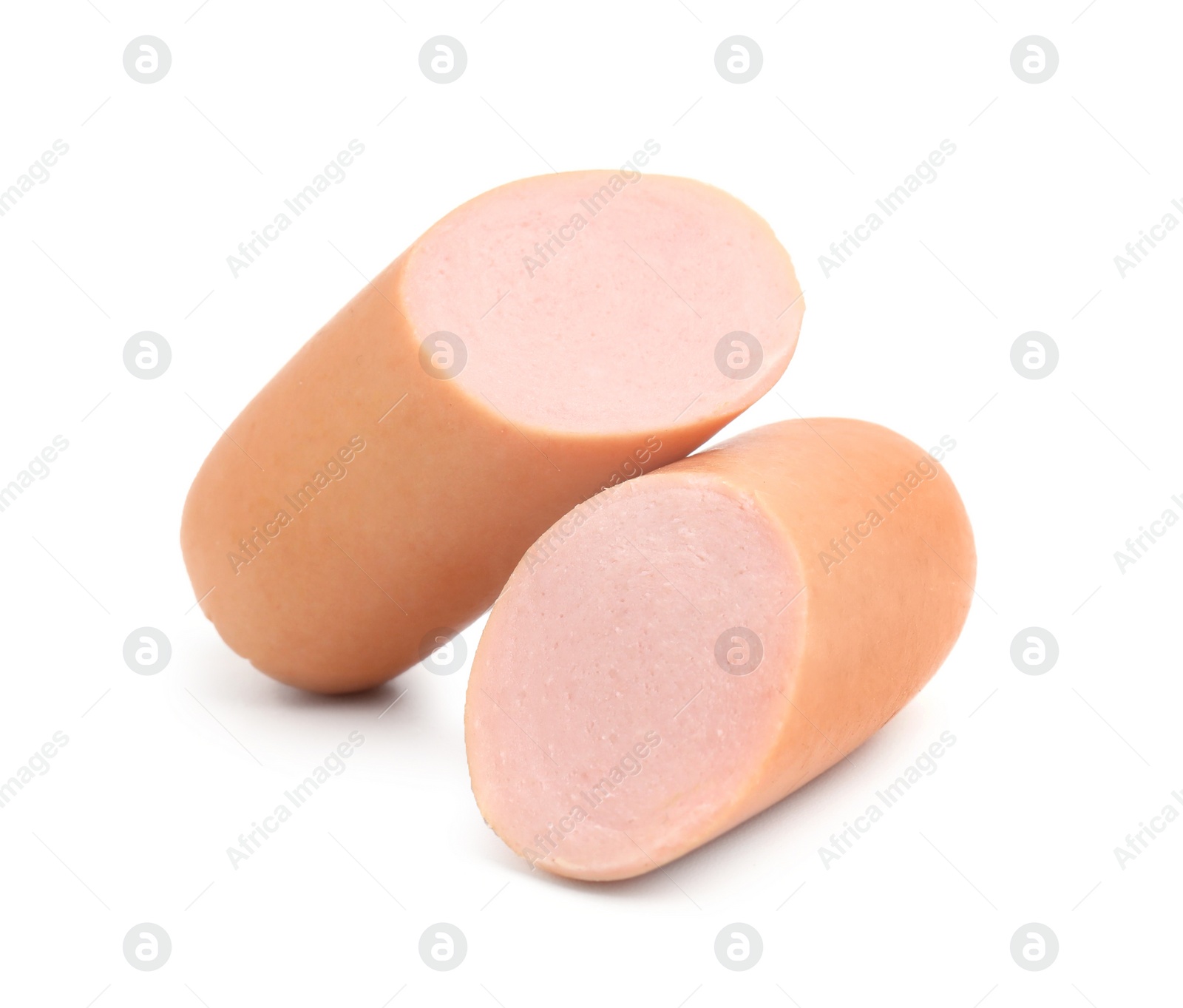 Photo of Pieces of delicious boiled sausage on white background