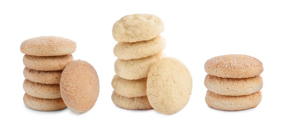 Image of Set with tasty sugar cookies on white background. Banner design