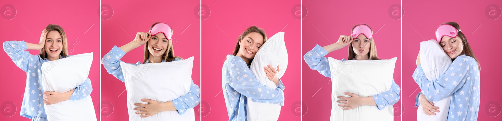 Image of Collage with photos of young woman holding soft pillows on pink background. Banner design