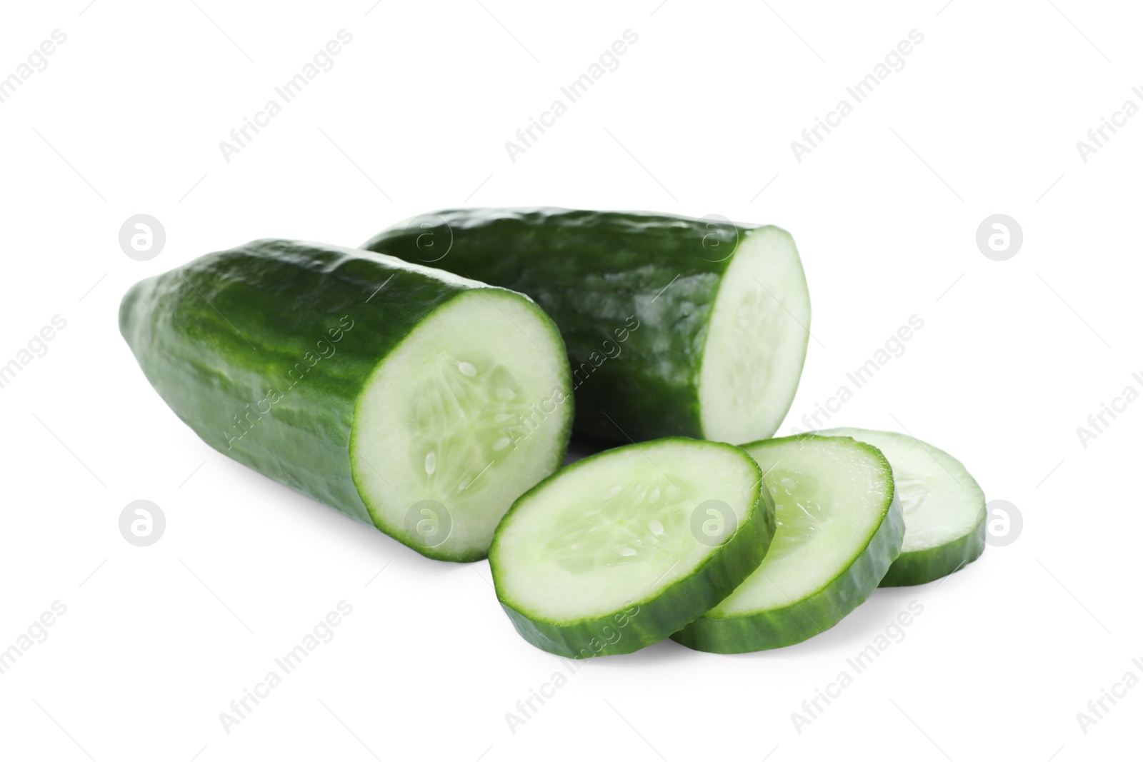 Photo of Cut fresh green cucumber isolated on white