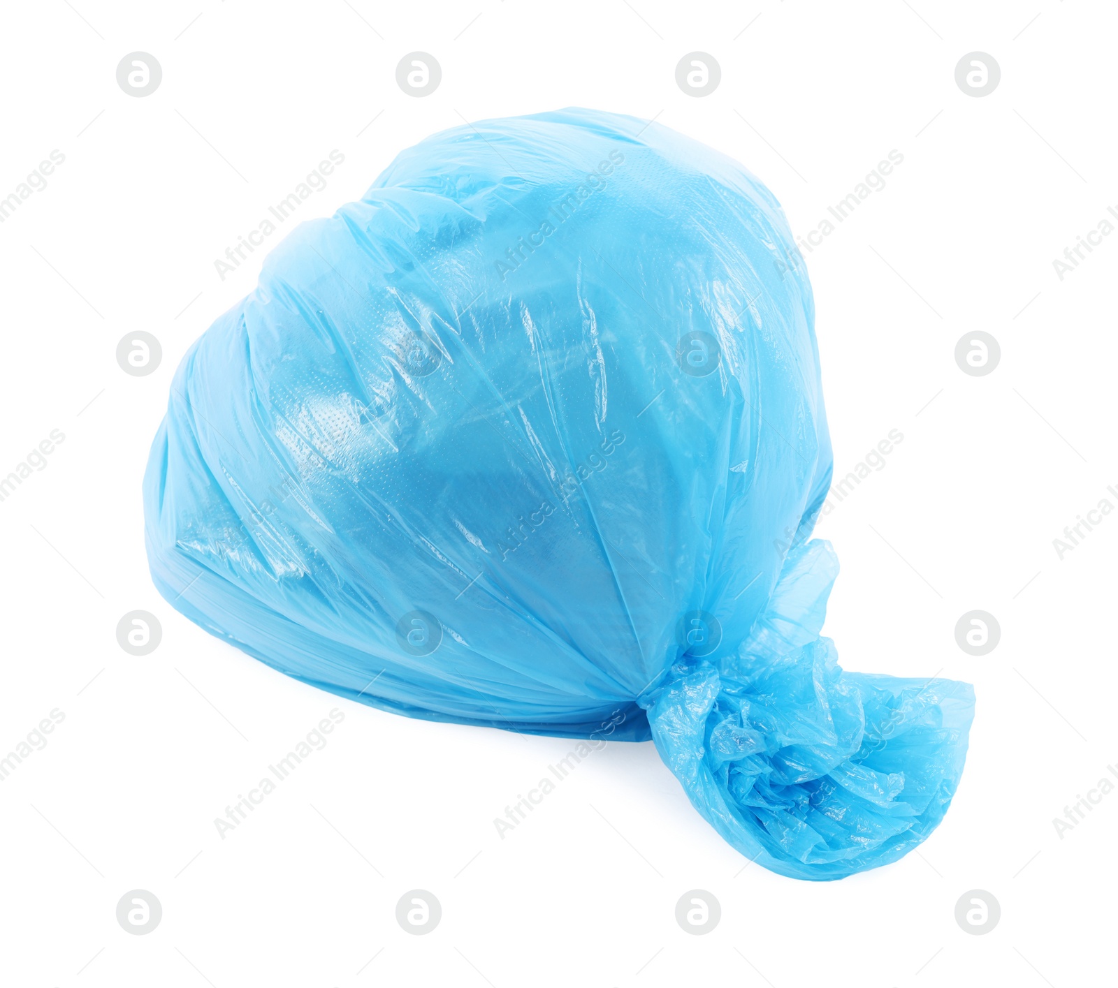 Photo of Blue plastic garbage bag isolated on white