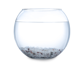 Photo of Glass fish bowl with clear water and decorative pebble isolated on white