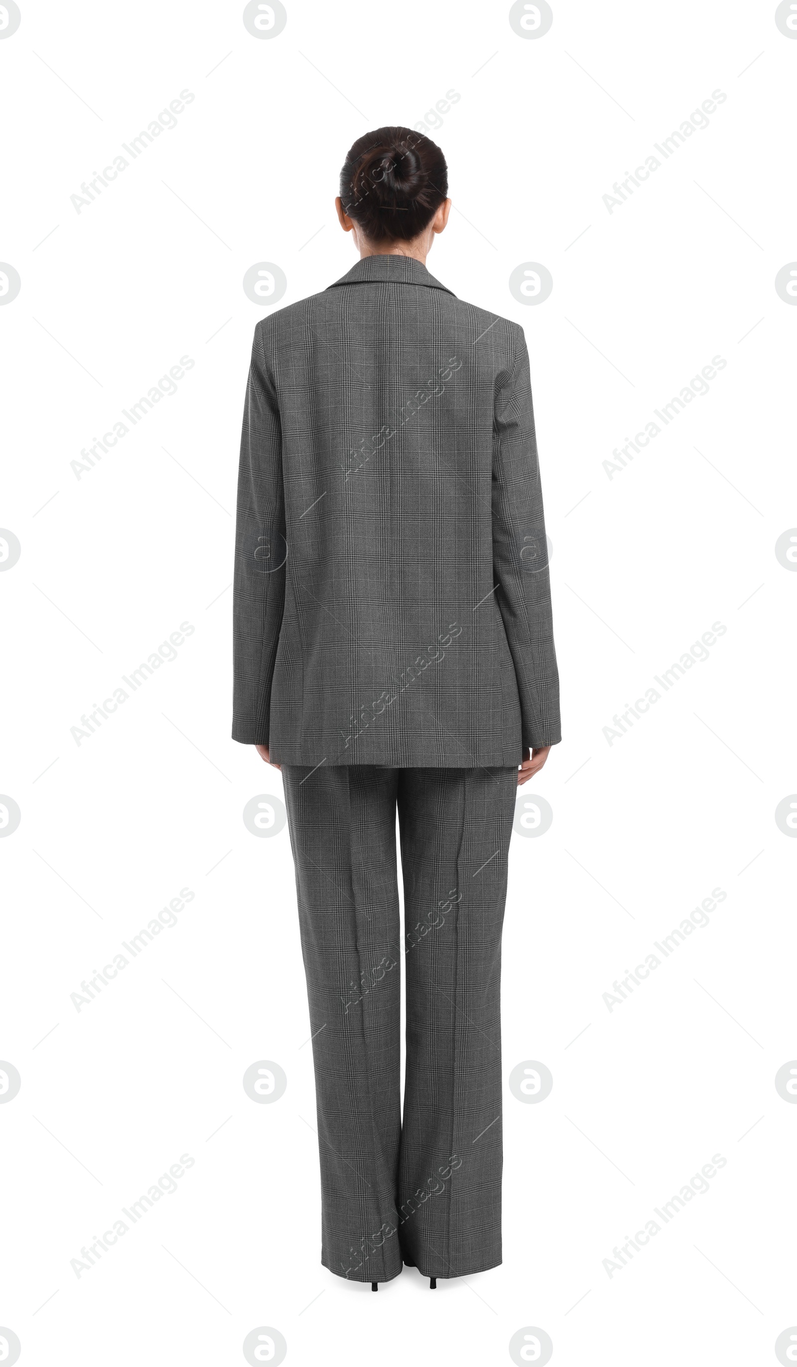 Photo of Businesswoman in suit on white background, back view