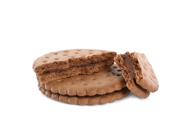 Photo of Broken tasty chocolate sandwich cookies with cream on white background