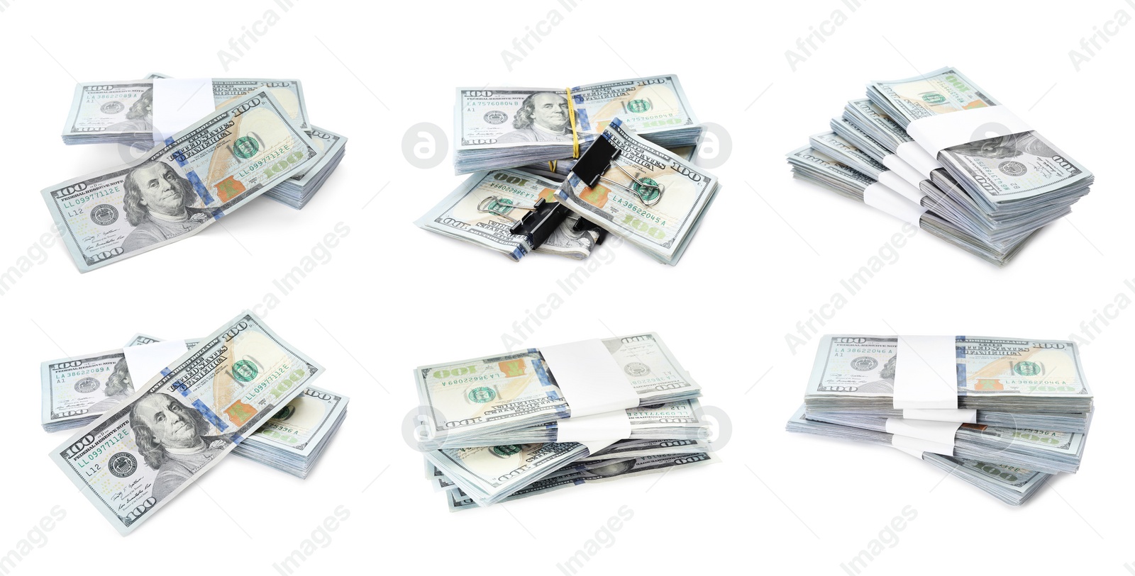 Image of Many dollar banknotes on white background, collage. American national currency