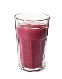 Glass with delicious acai smoothie on white background