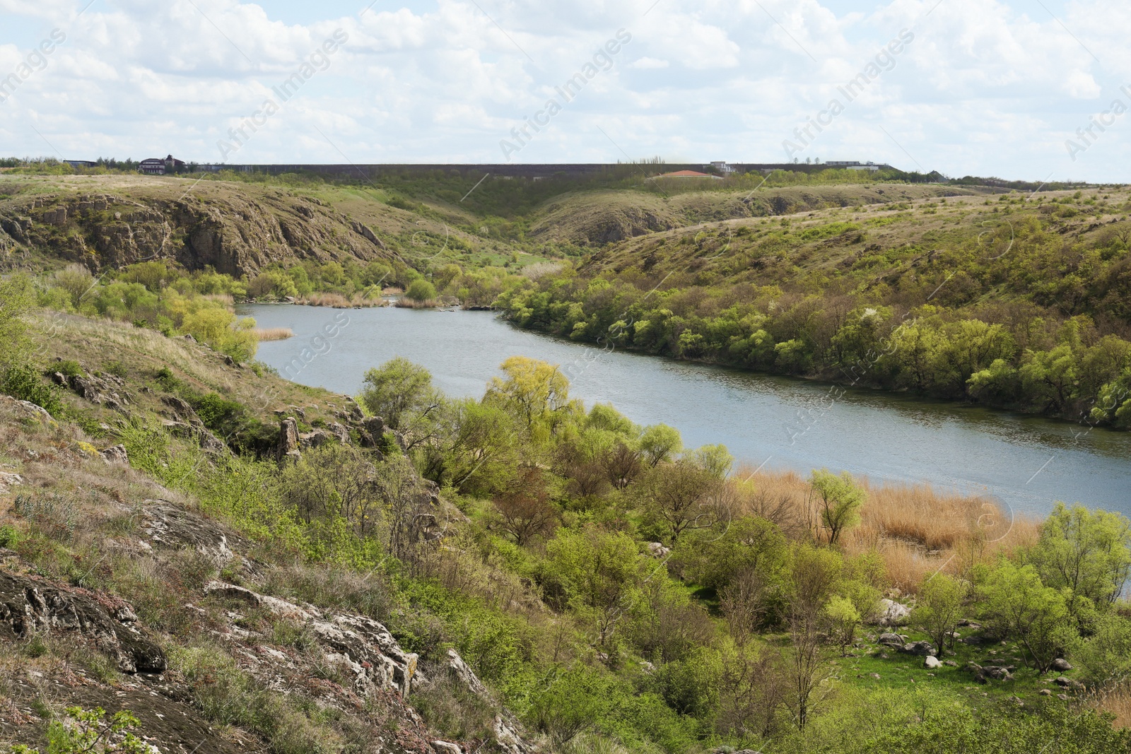 Photo of Picturesque view of beautiful river and green hills