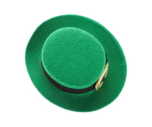 Photo of Green leprechaun hat isolated on white, top view. St. Patrick's Day celebration