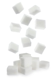 Image of Flying cubes of sugar on white background