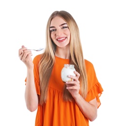 Young woman with yogurt on white background