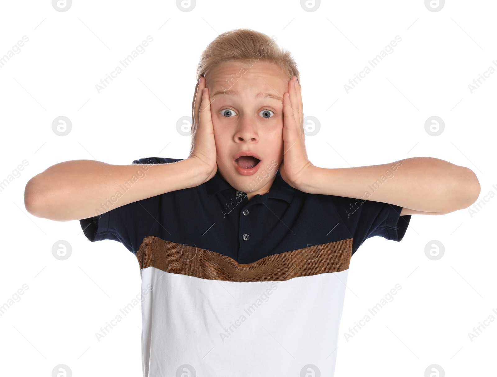 Photo of Portrait of teenage boy on white background