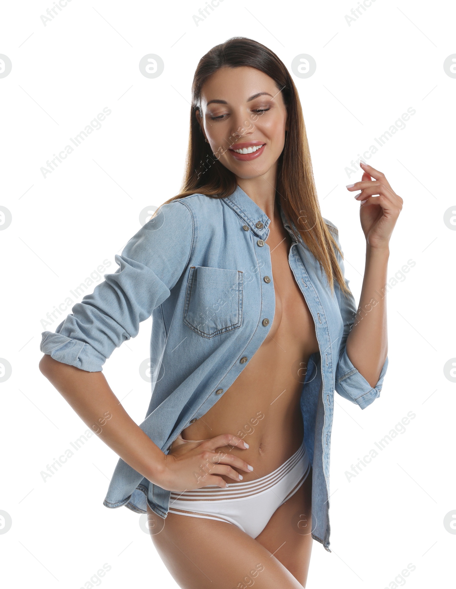 Photo of Sexy woman in panties and shirt on white background