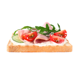 Photo of Tasty sandwich with ham isolated on white