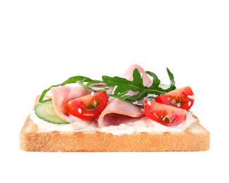 Tasty sandwich with ham isolated on white