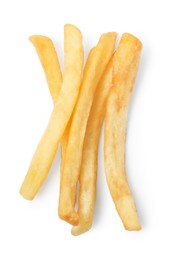 Photo of Delicious fresh french fries on white background, top view