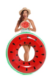 Photo of Beautiful young woman with inflatable ring and watermelon on white background