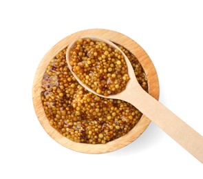 Photo of Bowl and spoon with whole grain mustard on white background, top view