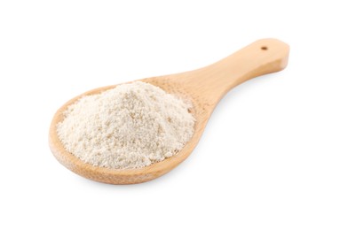 Photo of Wooden spoon with quinoa flour on white background